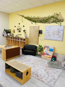 Photo of downtown preschool classroom, with preschool furniture and toys