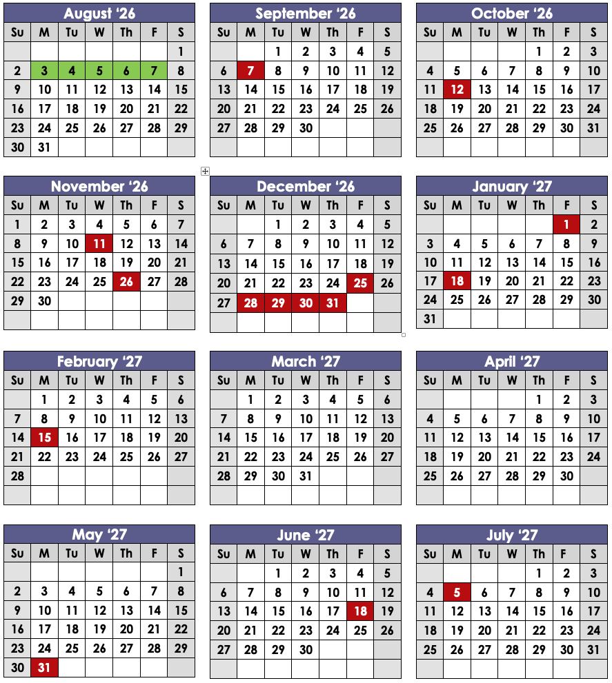 School calendar for Aspen Leaf-downtown, 2026-2027